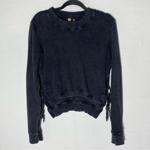 Free People FP One Charcoal Grey Cropped Interlaken Waffle Knit Thermal Top L